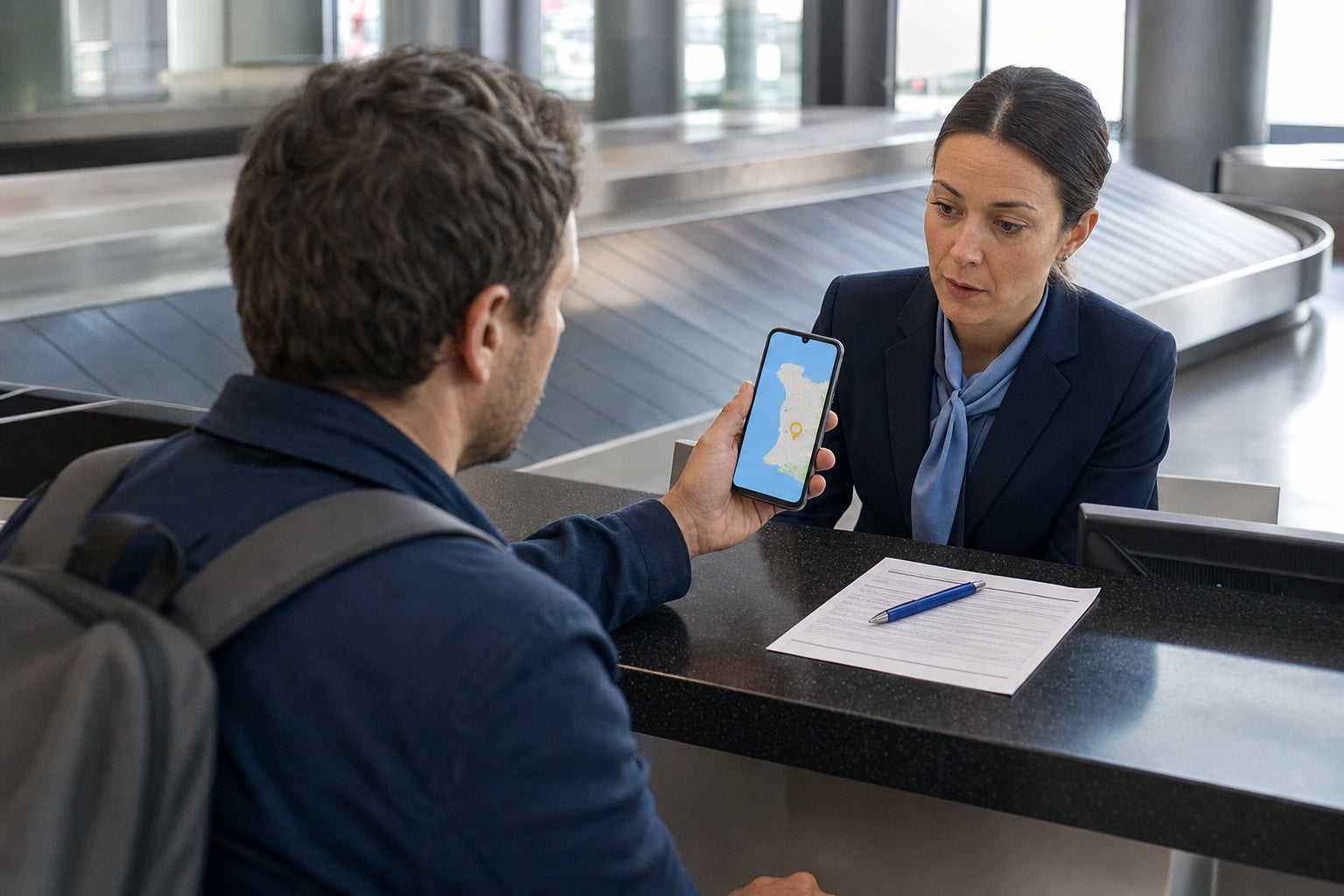 A traveller showing an airport employee the live location of his missing suitcase on his phone