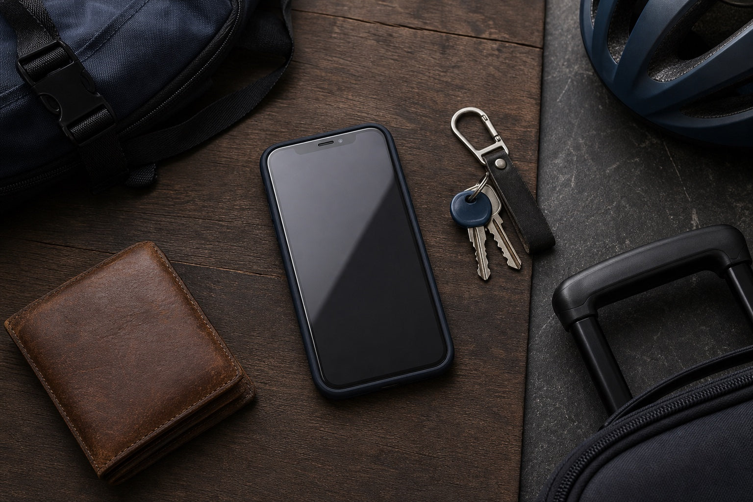 A protected smartphone beside an everyday wallet, backpack, bicycle gear and suitcase