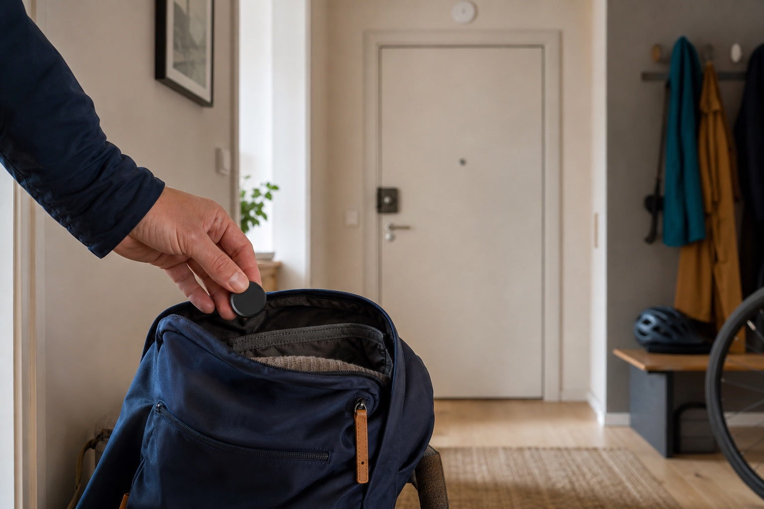 A tracker being placed calmly inside a backpack near a locked front door
