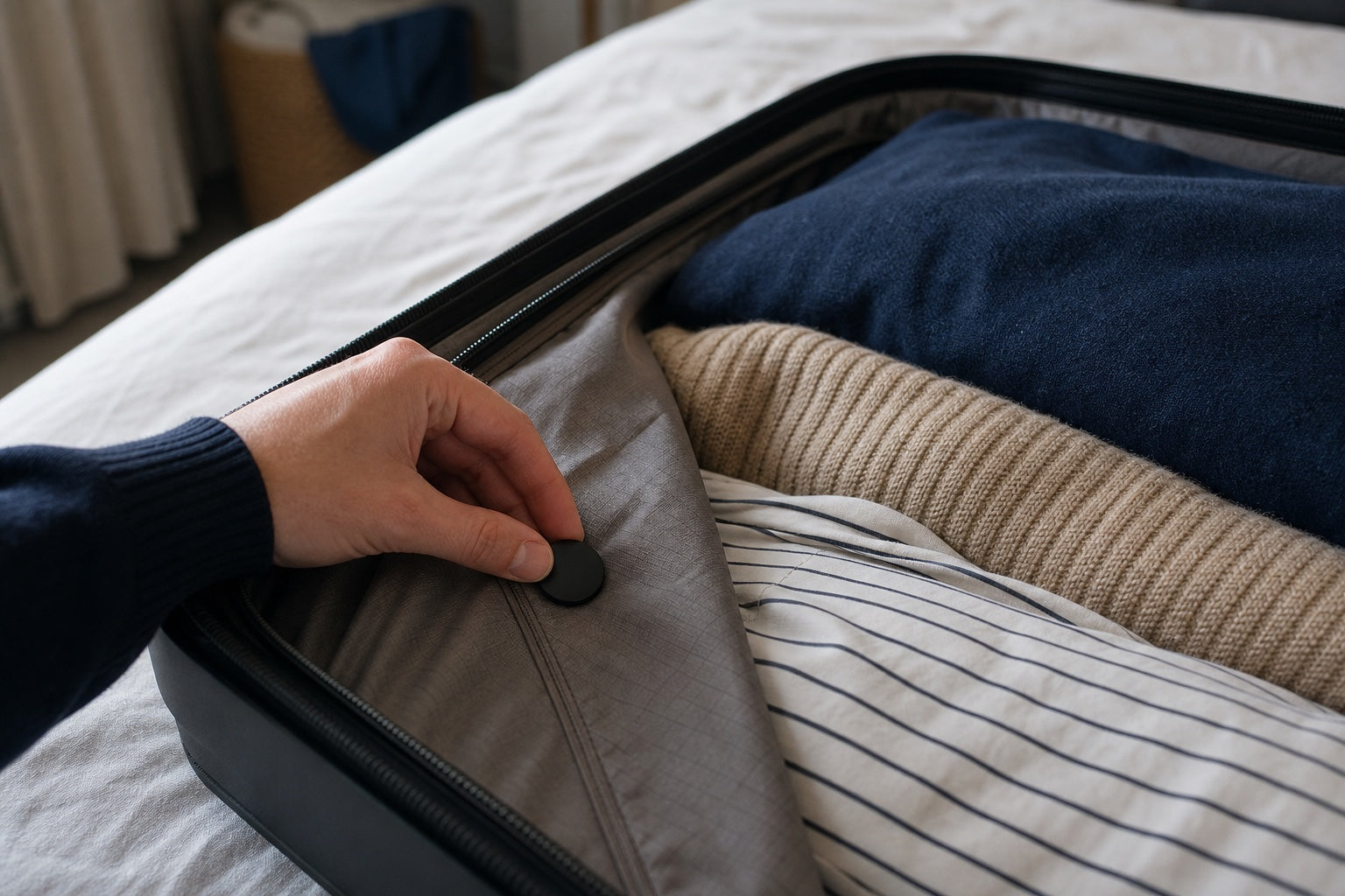 A small black tracker being placed beneath a suitcase lining