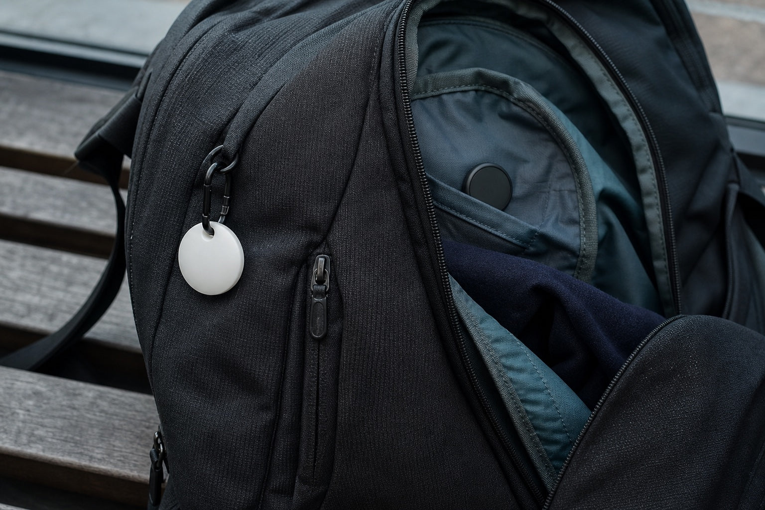 A visible white tracker outside a backpack compared with a hidden black tracker inside