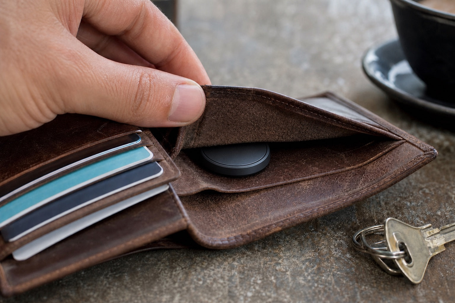 A clearly visible matte-black round tracker tucked inside a leather wallet